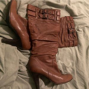 Y2K brown faux leather below knee boots